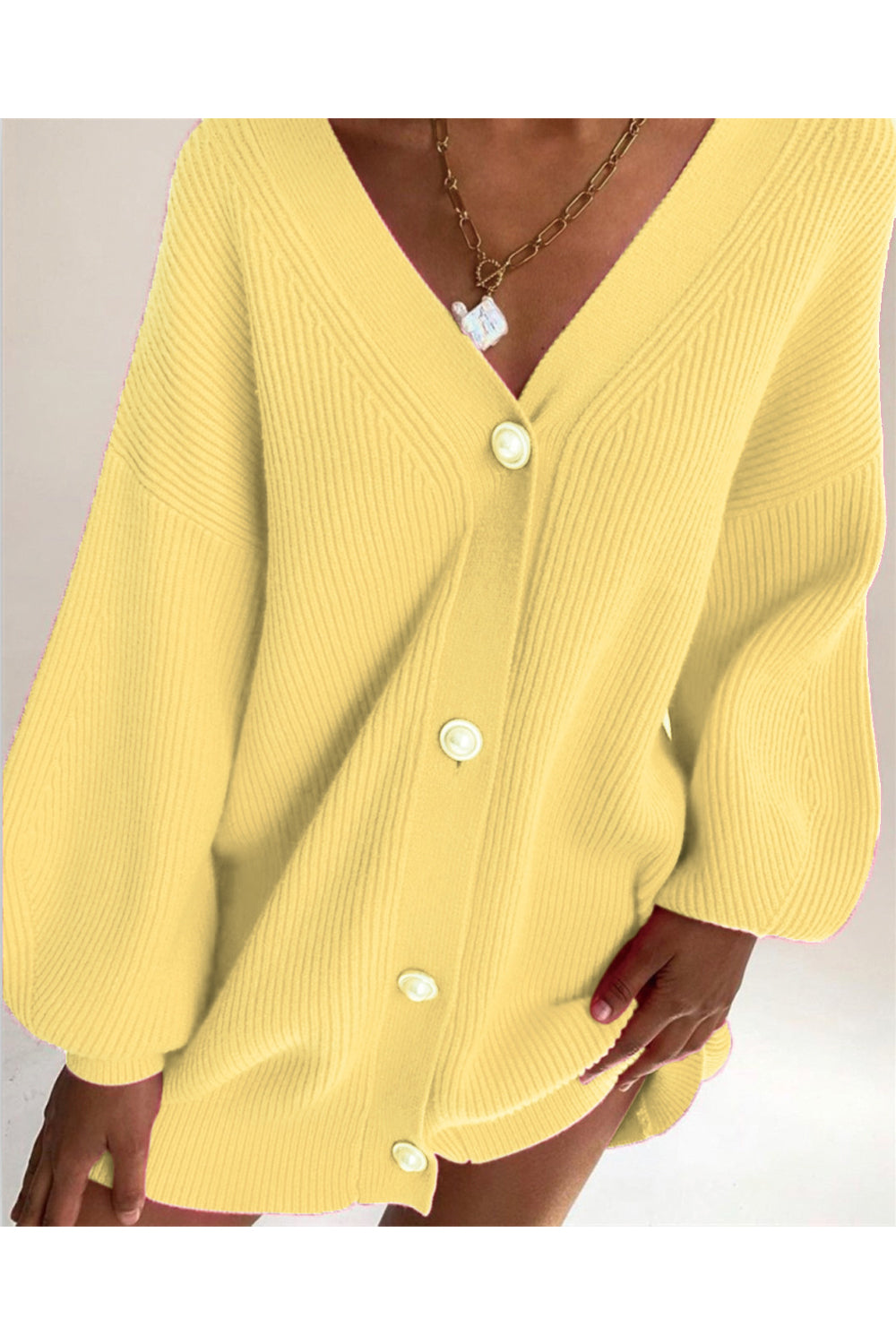 Women Fabulous Bishop Sleeves Button Closure V-Neck Loose Fit Knitted Warm Cardigan