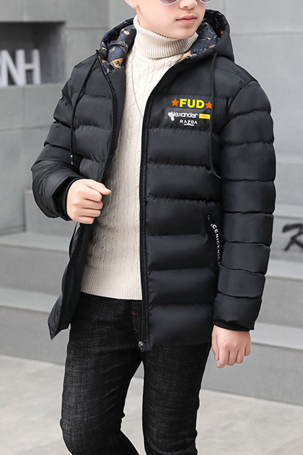 Kids Boys Trendy Solid Pattern Hooded Neck Reliable Flap Pockets Warm Padded Jacket