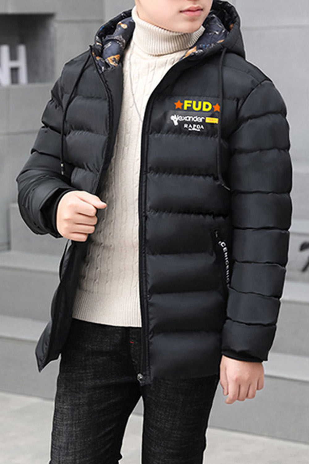 Kids Boys Trendy Solid Pattern Hooded Neck Reliable Flap Pockets Warm Padded Jacket