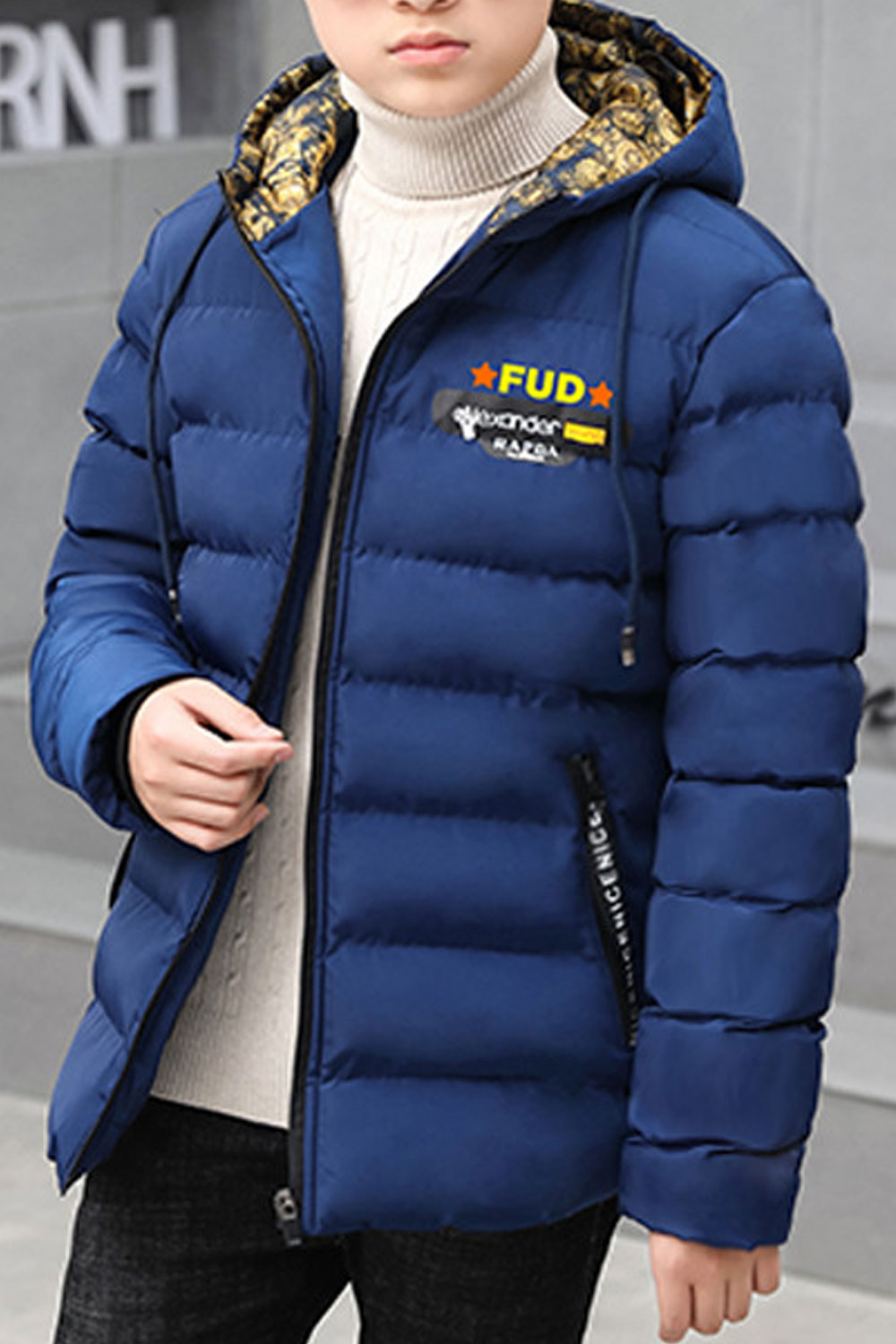 Kids Boys Trendy Solid Pattern Hooded Neck Reliable Flap Pockets Warm Padded Jacket