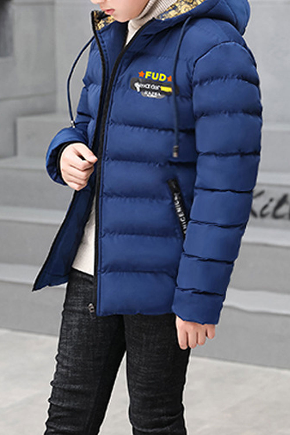 Kids Boys Trendy Solid Pattern Hooded Neck Reliable Flap Pockets Warm Padded Jacket