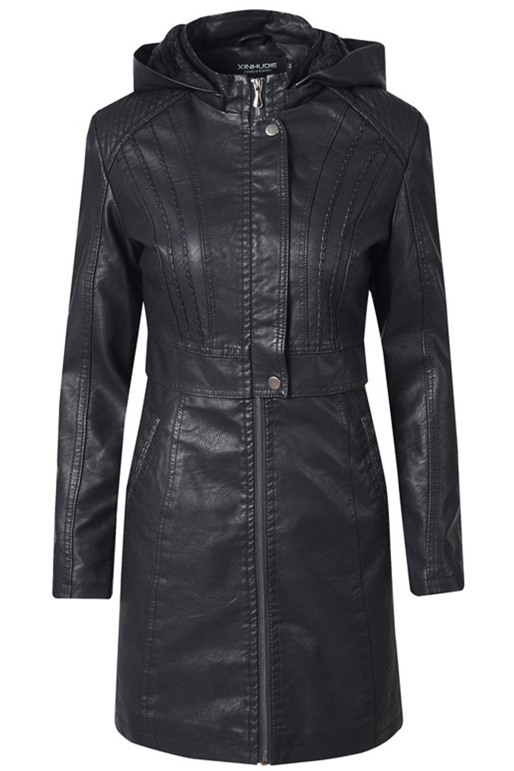 Women Charming Hooded Long Coat Style Leather Jacket