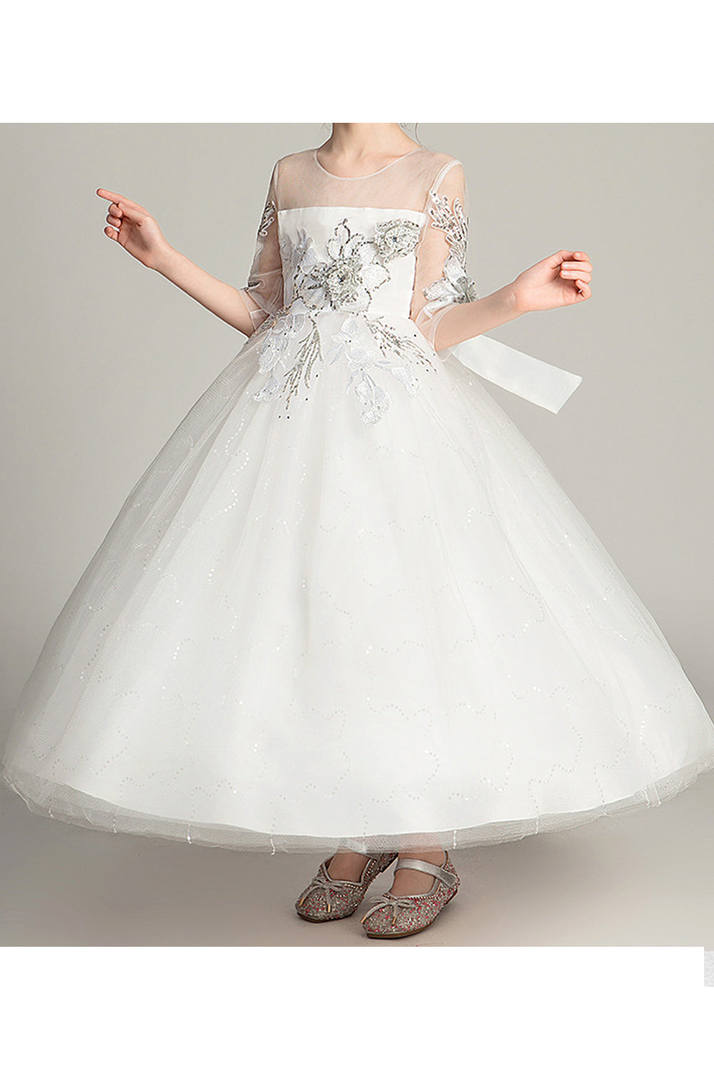 Kid Girl Charming Flower Embroidered Mesh Wedding Dress
