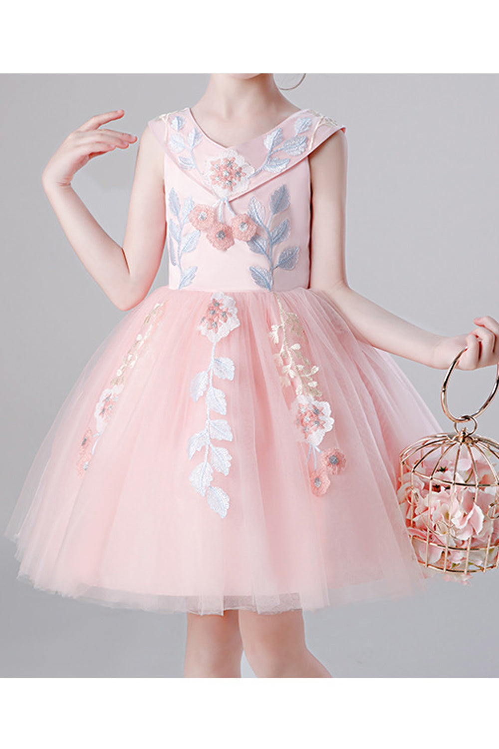 Kid Girl Elegant Flower Emboridered Lace V Neck Evening Dress