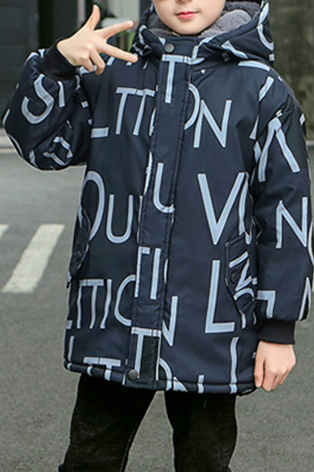 Kids Boys Modern Style Letter Pattern Ribbed Cuff Hooded Neck Warm Padded Jacket