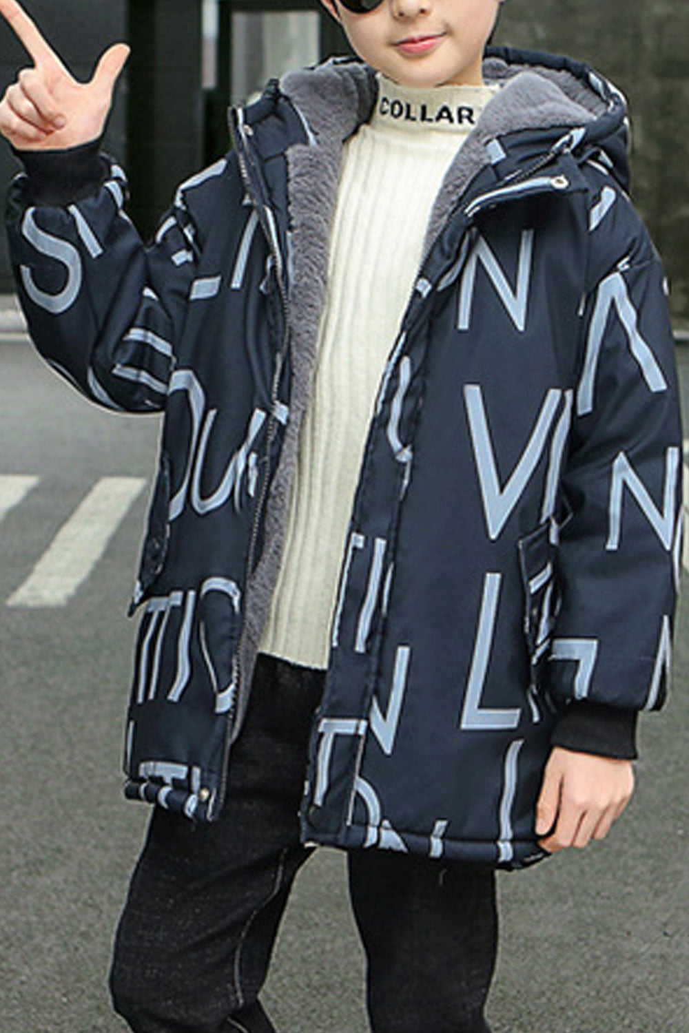 Kids Boys Modern Style Letter Pattern Ribbed Cuff Hooded Neck Warm Padded Jacket