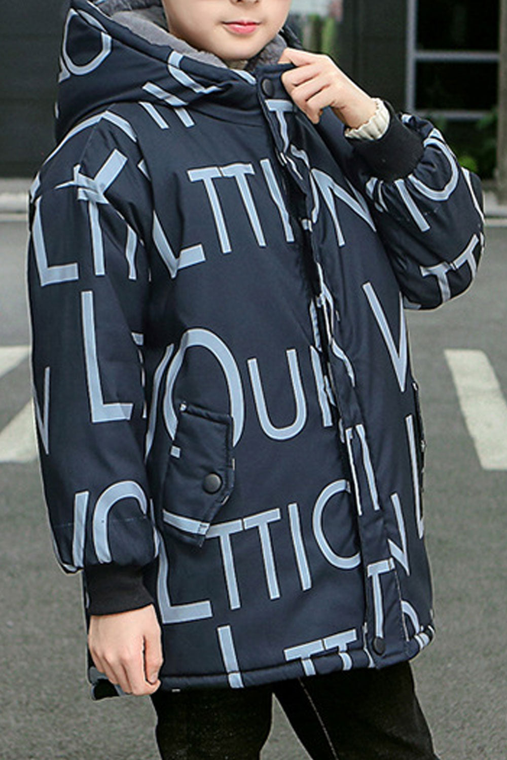 Kids Boys Modern Style Letter Pattern Ribbed Cuff Hooded Neck Warm Padded Jacket