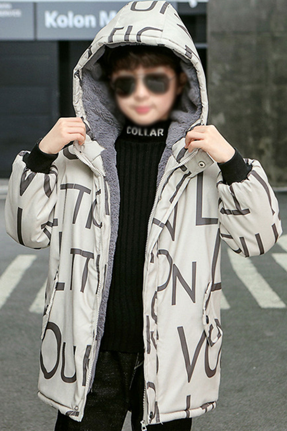 Kids Boys Modern Style Letter Pattern Ribbed Cuff Hooded Neck Warm Padded Jacket