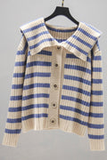Women Elegant Doll Collar Button Closure Nice Stripe Pattern Knitted Warm Winter Cardigan
