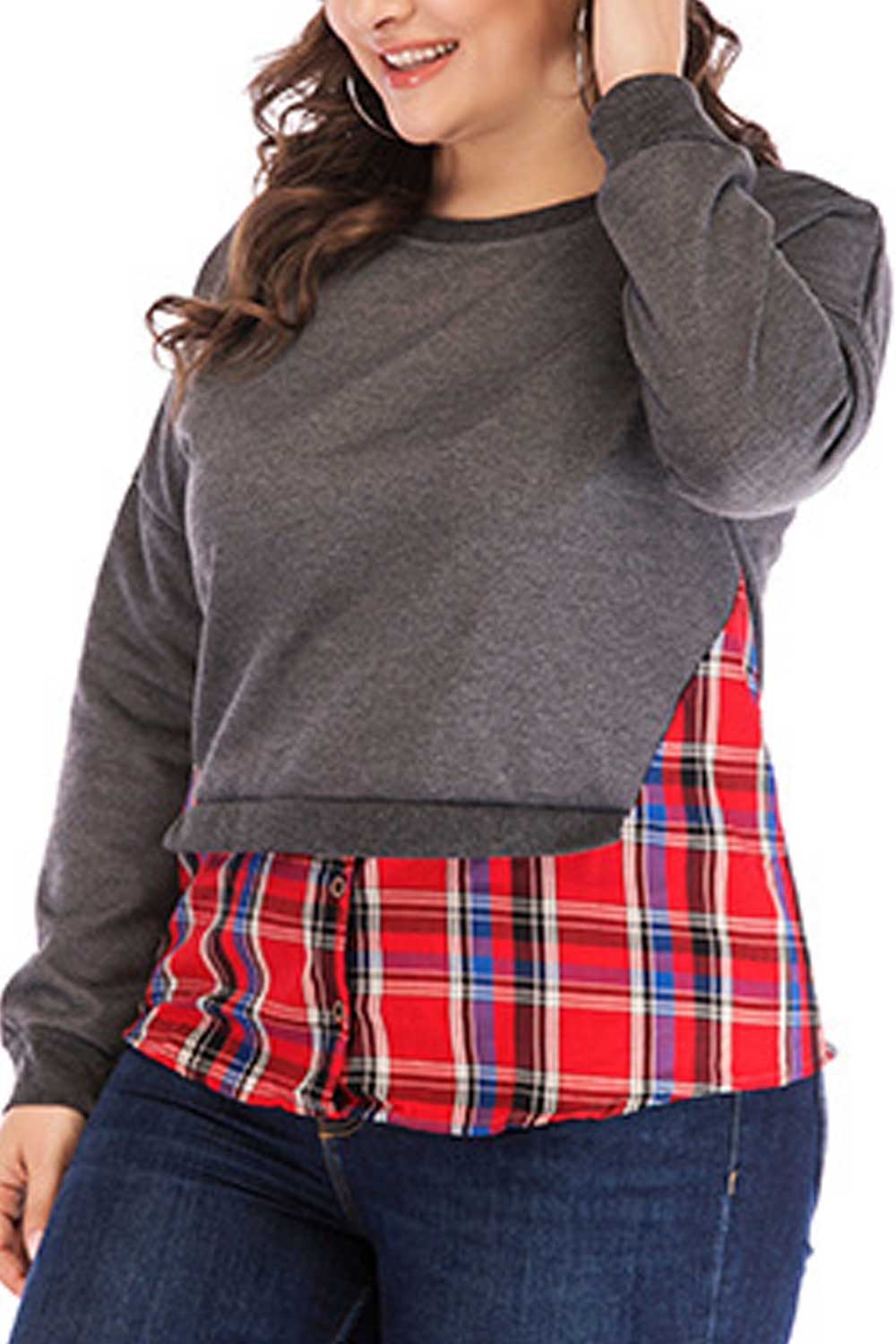 Women Slim Plaid Pattern Fashionable Sweatshirt