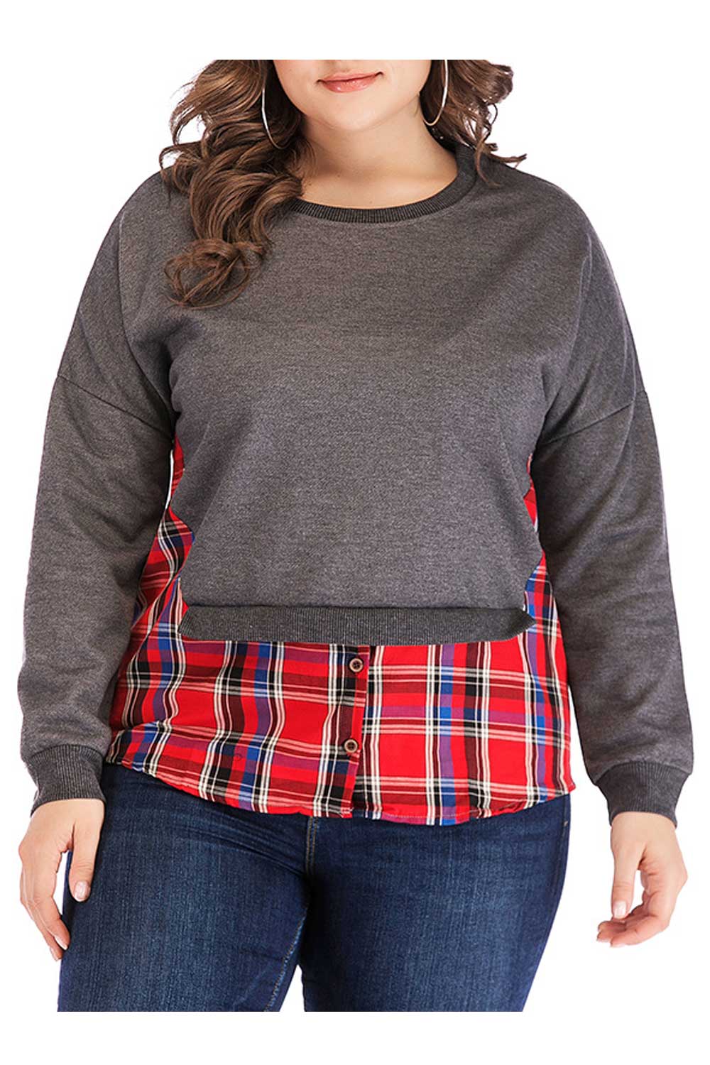 Women Slim Plaid Pattern Fashionable Sweatshirt