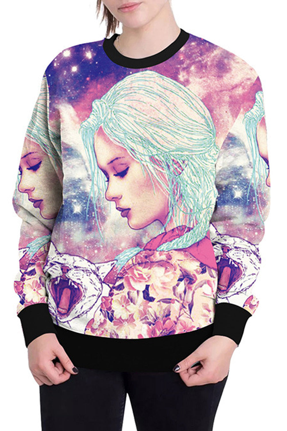 Women 3D Print Girl Cat Stylish Sweater