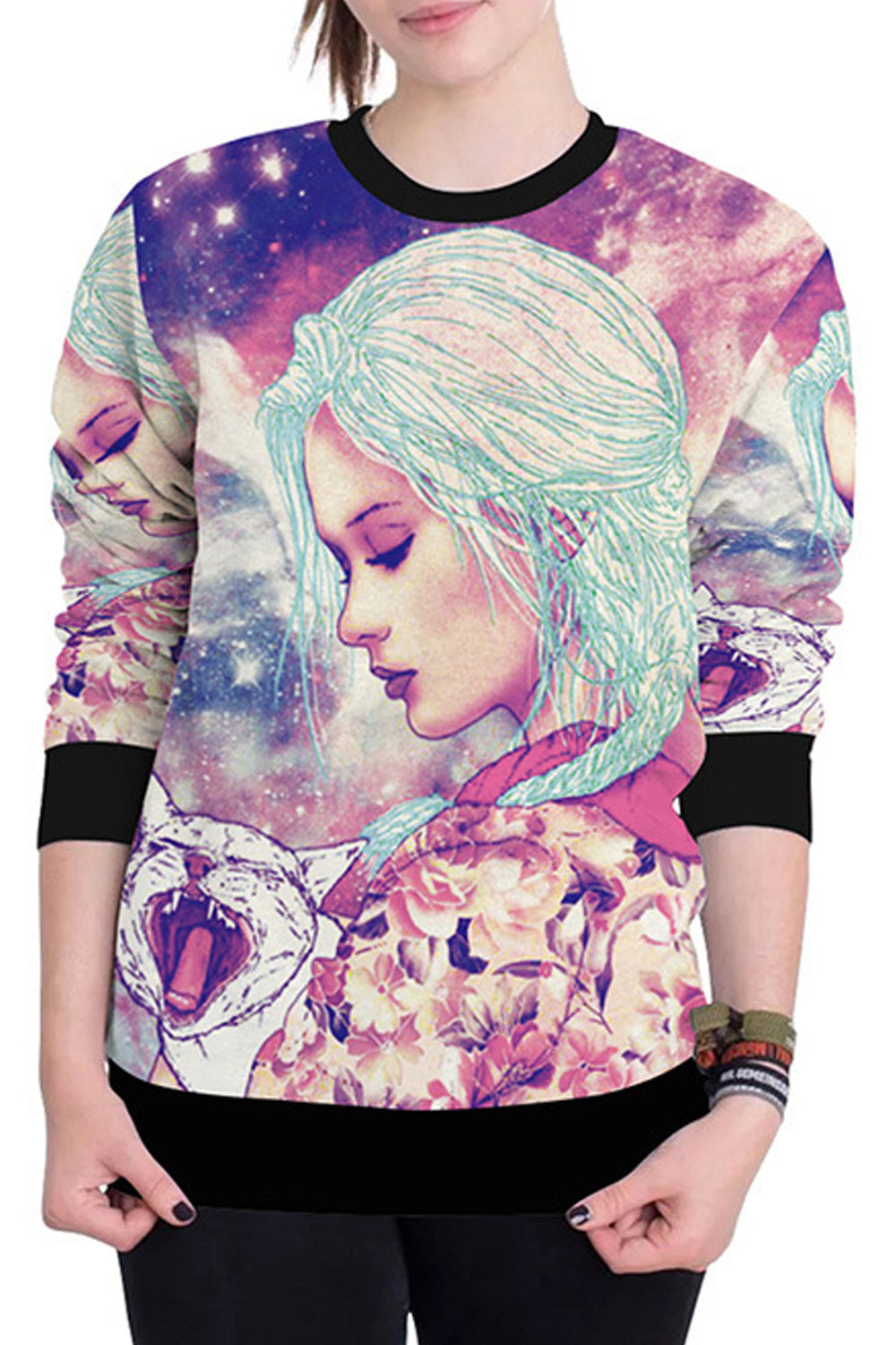 Women 3D Print Girl Cat Stylish Sweater