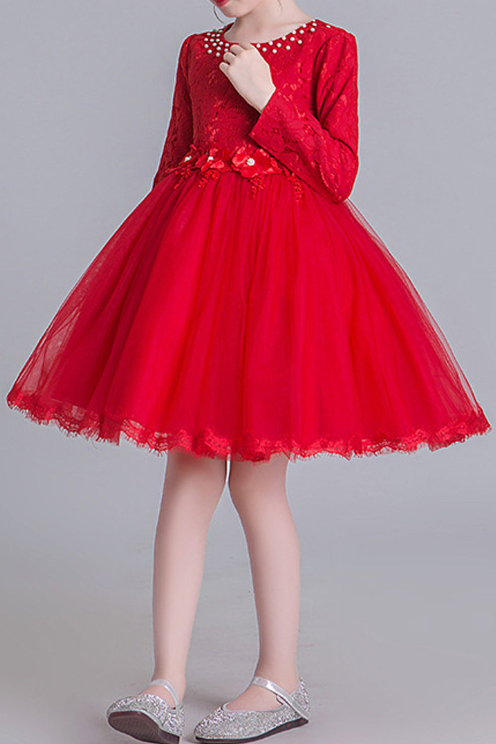 Kid Girl Warm Pearl Embroiderd Lace Wedding Dress