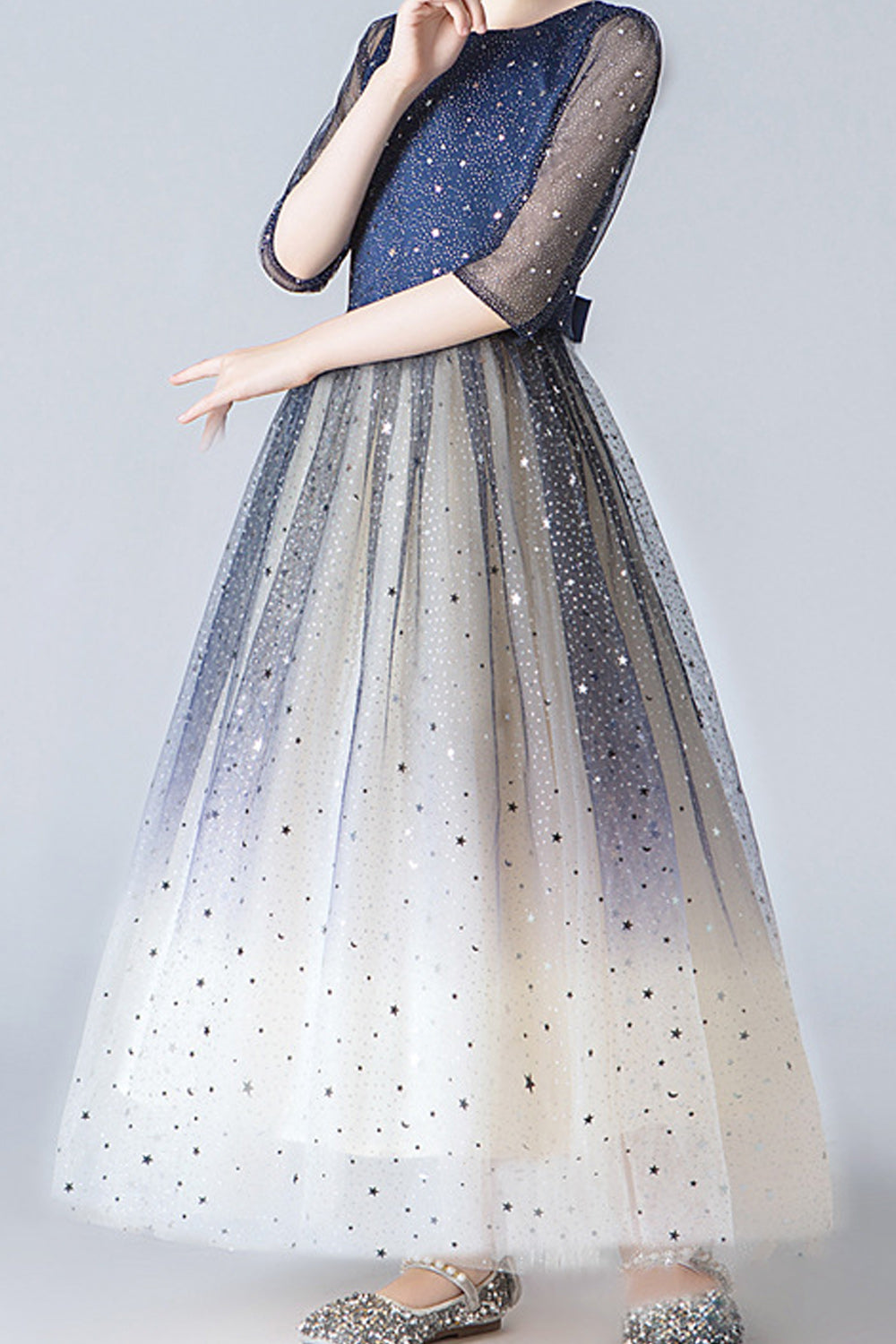 Kid Girl Splendid Star Decorative 3/4 Sleeve Wedding Dress