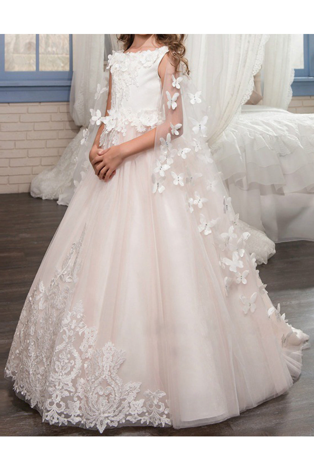 Kid Girl Dollish Flower Embroidered Butterfly Veil Party Dress