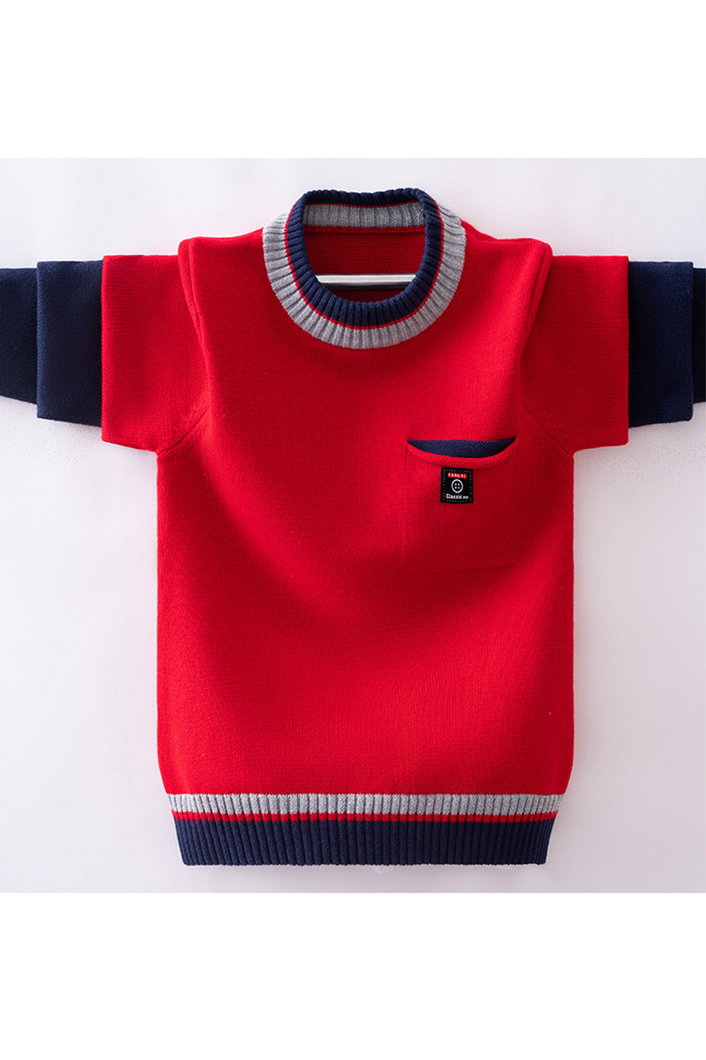 Kids Boys Superb Solid Pattern Round Neck Front Pocket Ribbed Hem & Cuff Winter Warm Sweater