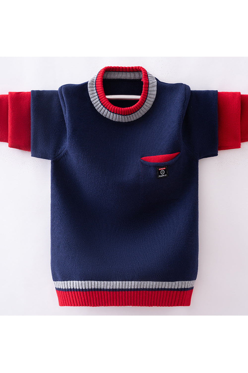 Kids Boys Superb Solid Pattern Round Neck Front Pocket Ribbed Hem & Cuff Winter Warm Sweater
