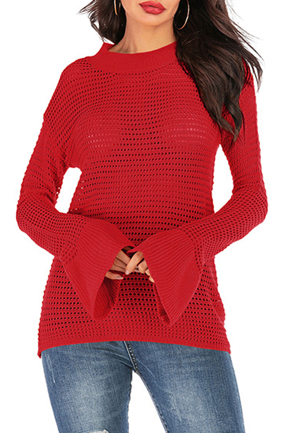 Women Dazzling Trumpet Sleeve Slim Sweater