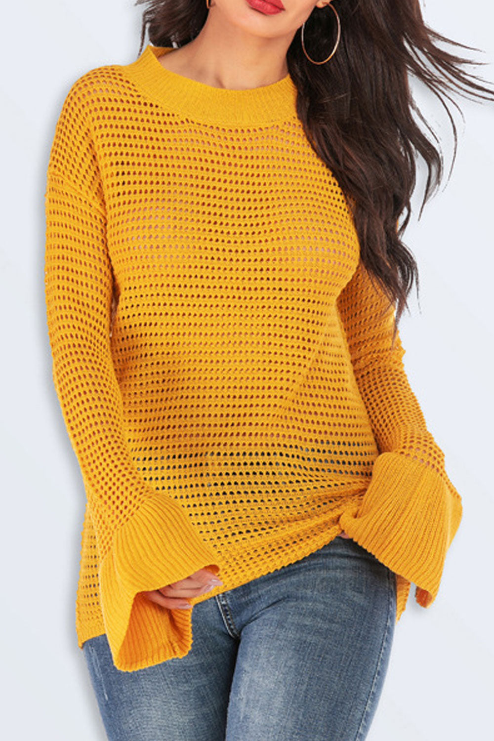 Women Dazzling Trumpet Sleeve Slim Sweater