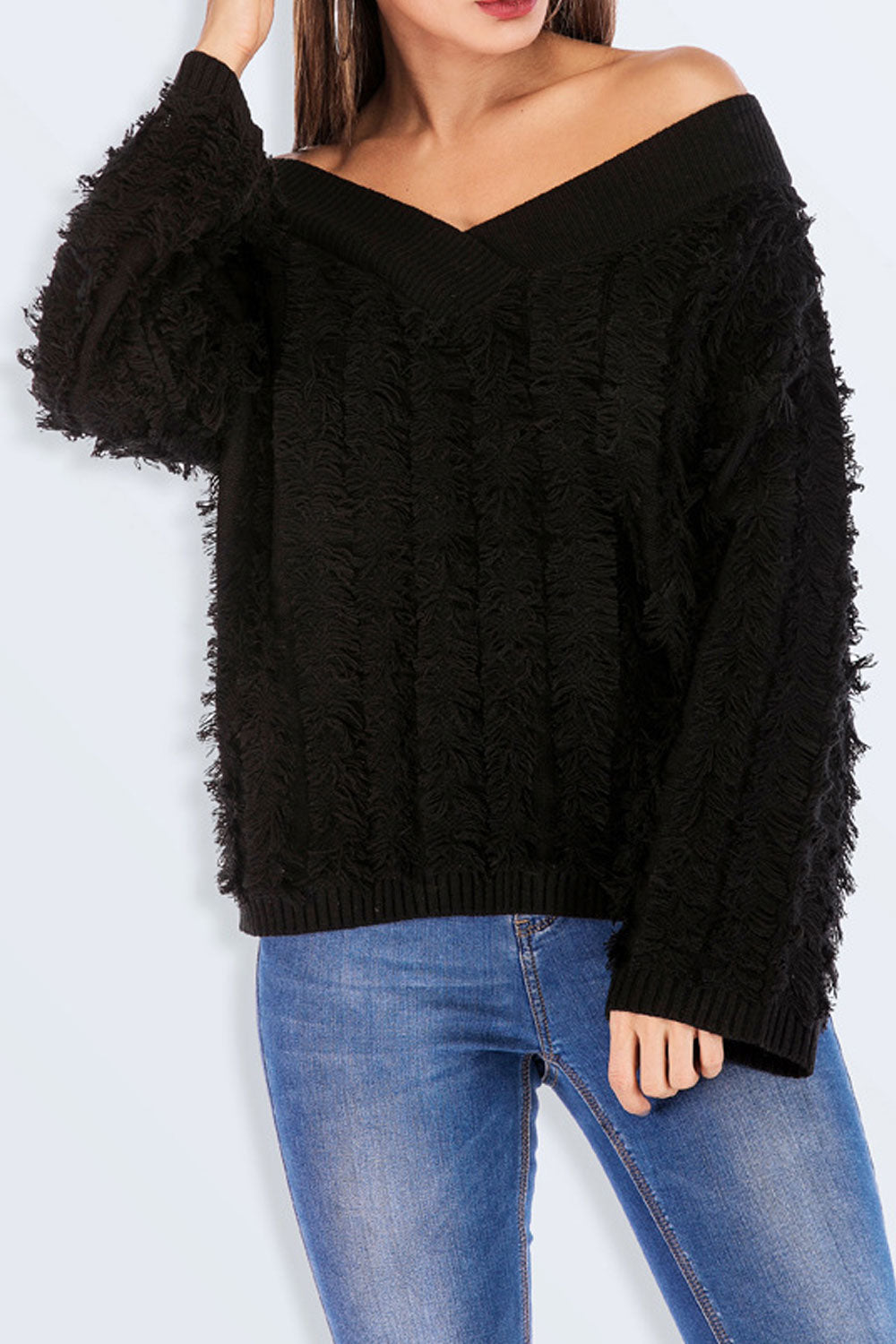 Women Fashion Tassel Decorate V Neck Sweater