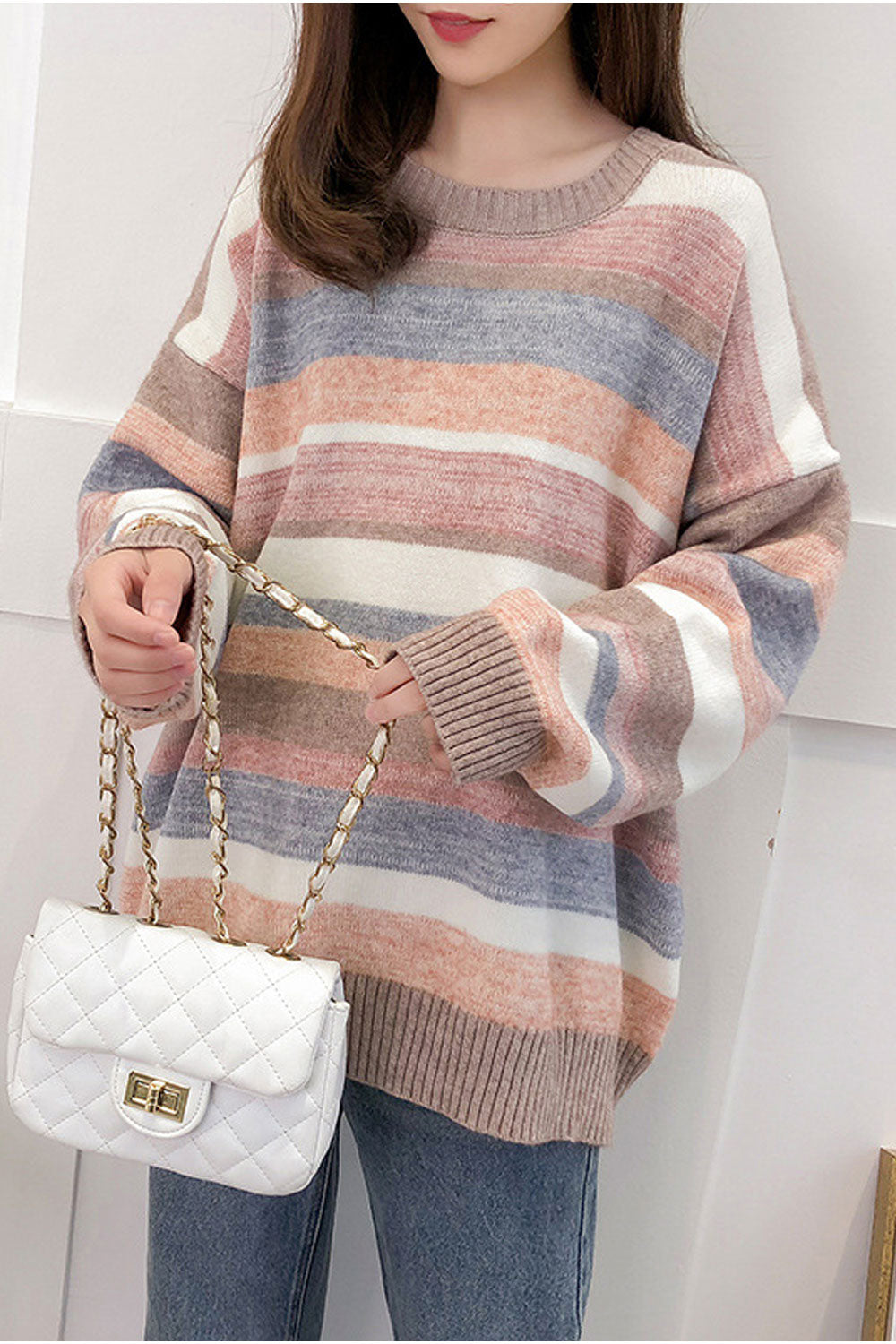 Women Classic Striped Pattern Warm Loose Breathable Sweater