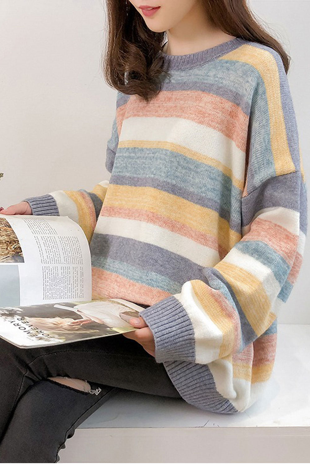 Women Classic Striped Pattern Warm Loose Breathable Sweater