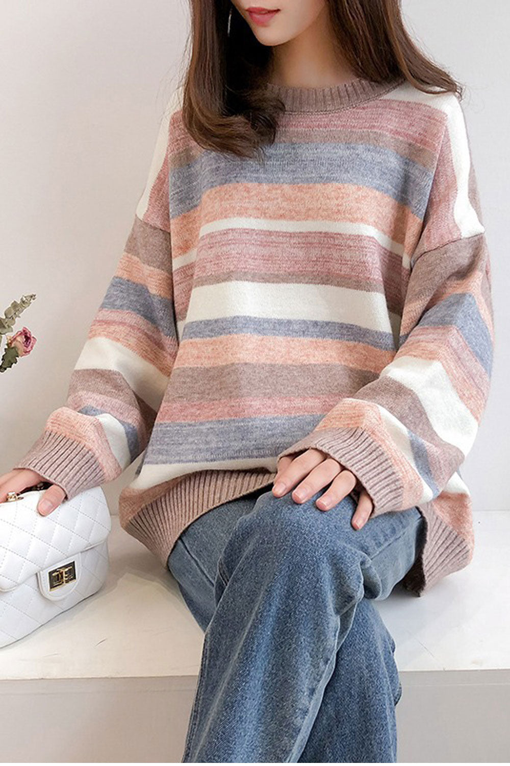 Women Classic Striped Pattern Warm Loose Breathable Sweater