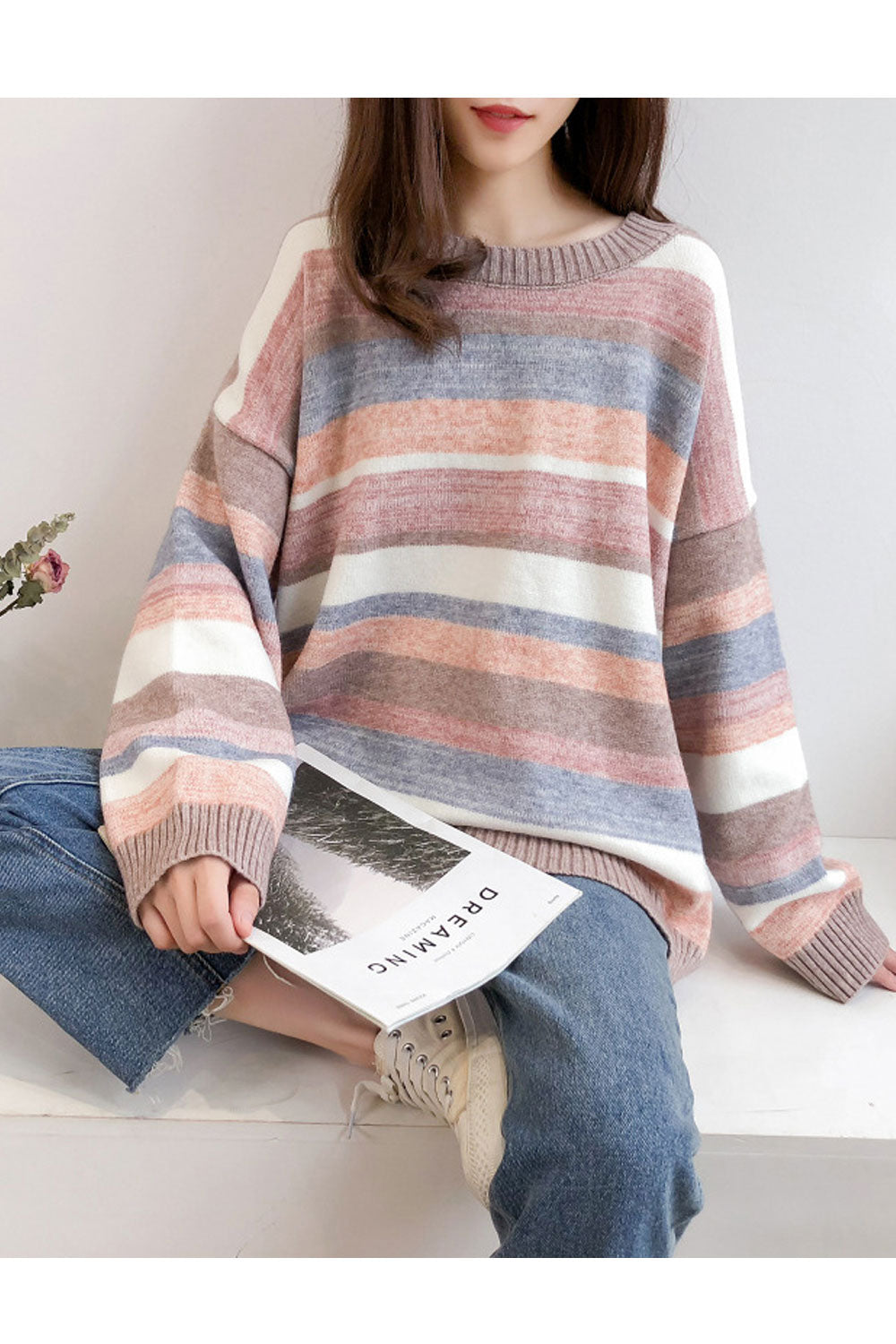 Women Classic Striped Pattern Warm Loose Breathable Sweater