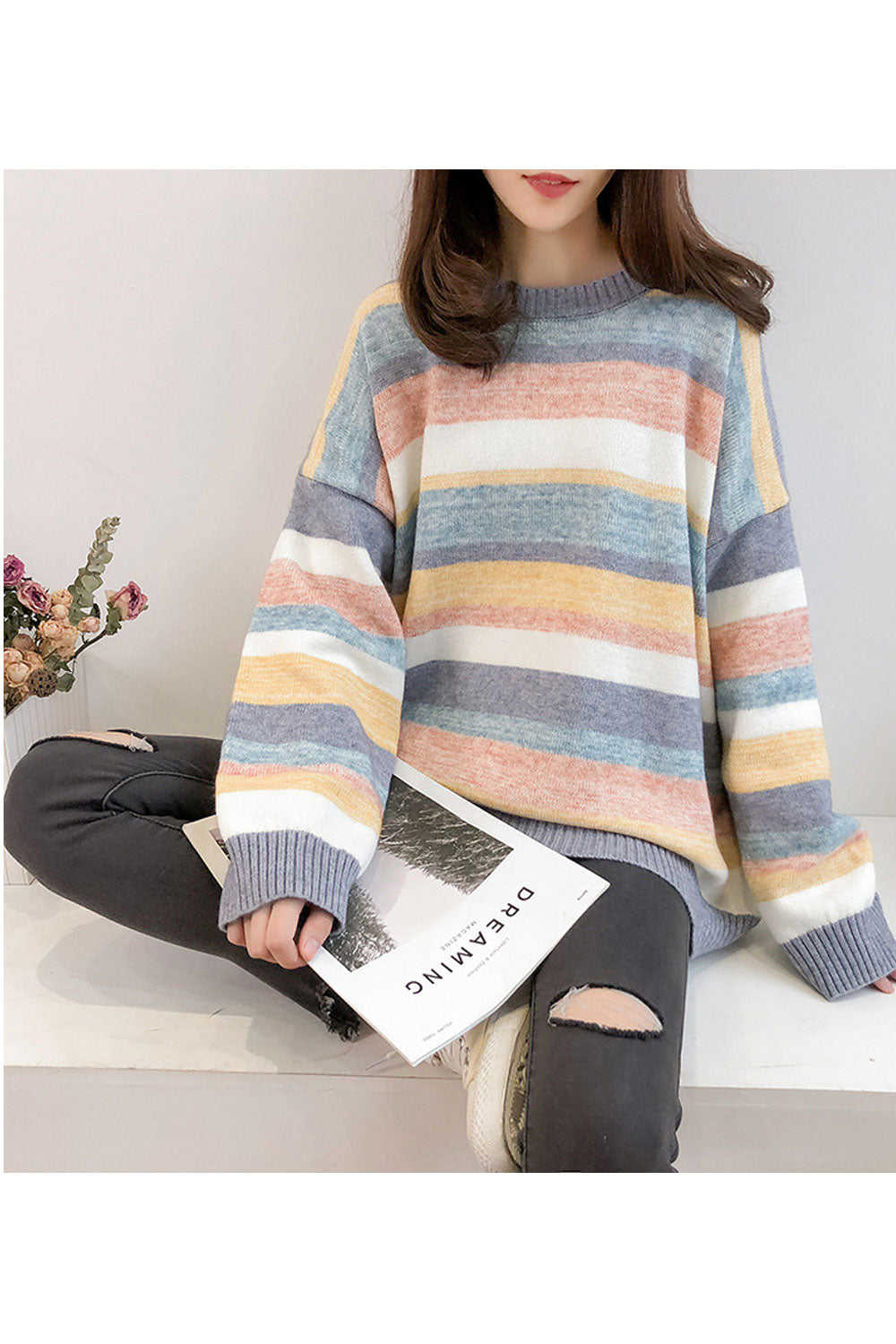Women Classic Striped Pattern Warm Loose Breathable Sweater