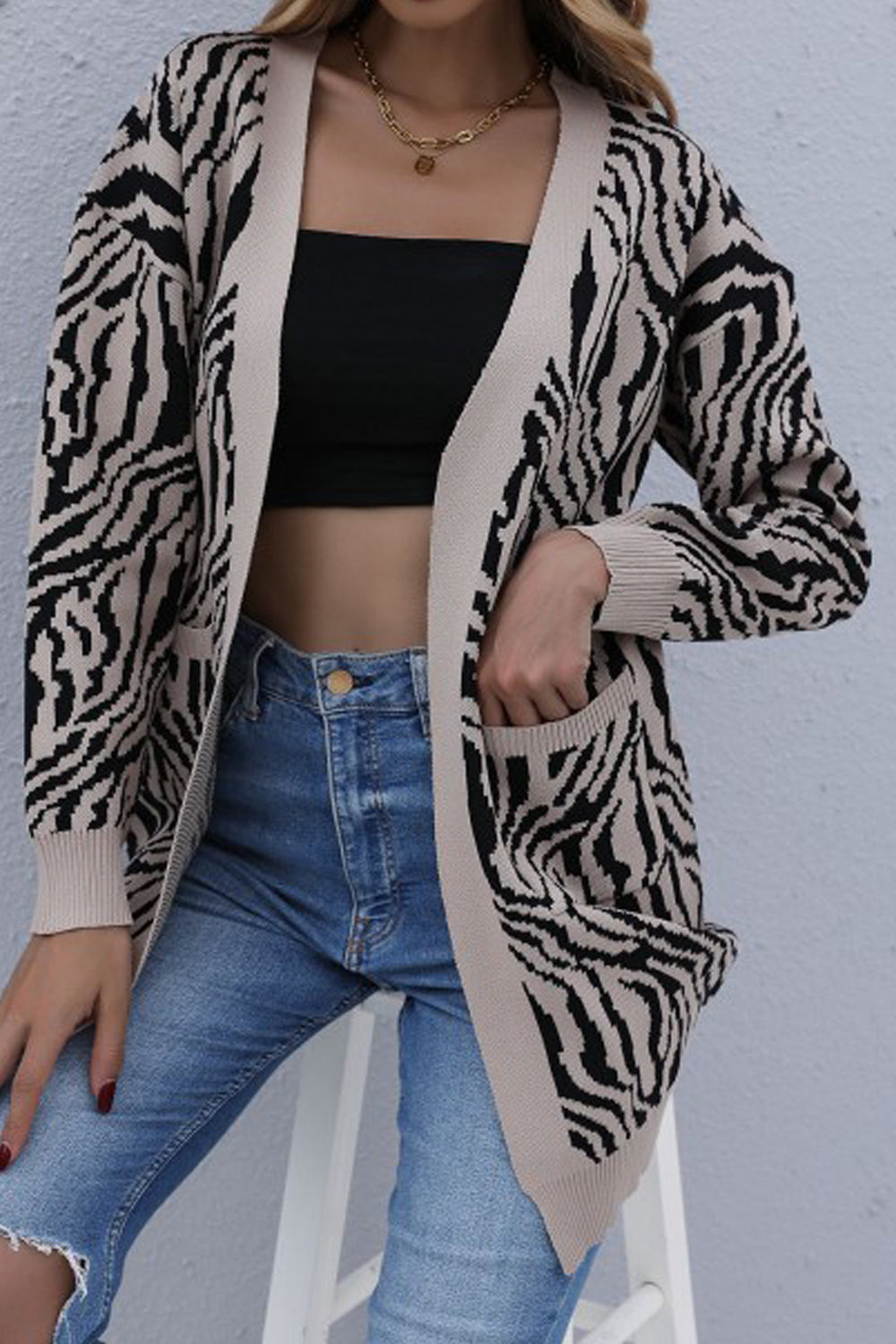 Women Elegant Zebra Print Front Open Flap Pockets Ribbed Cuff Fabulous Warm Winter Cardigan