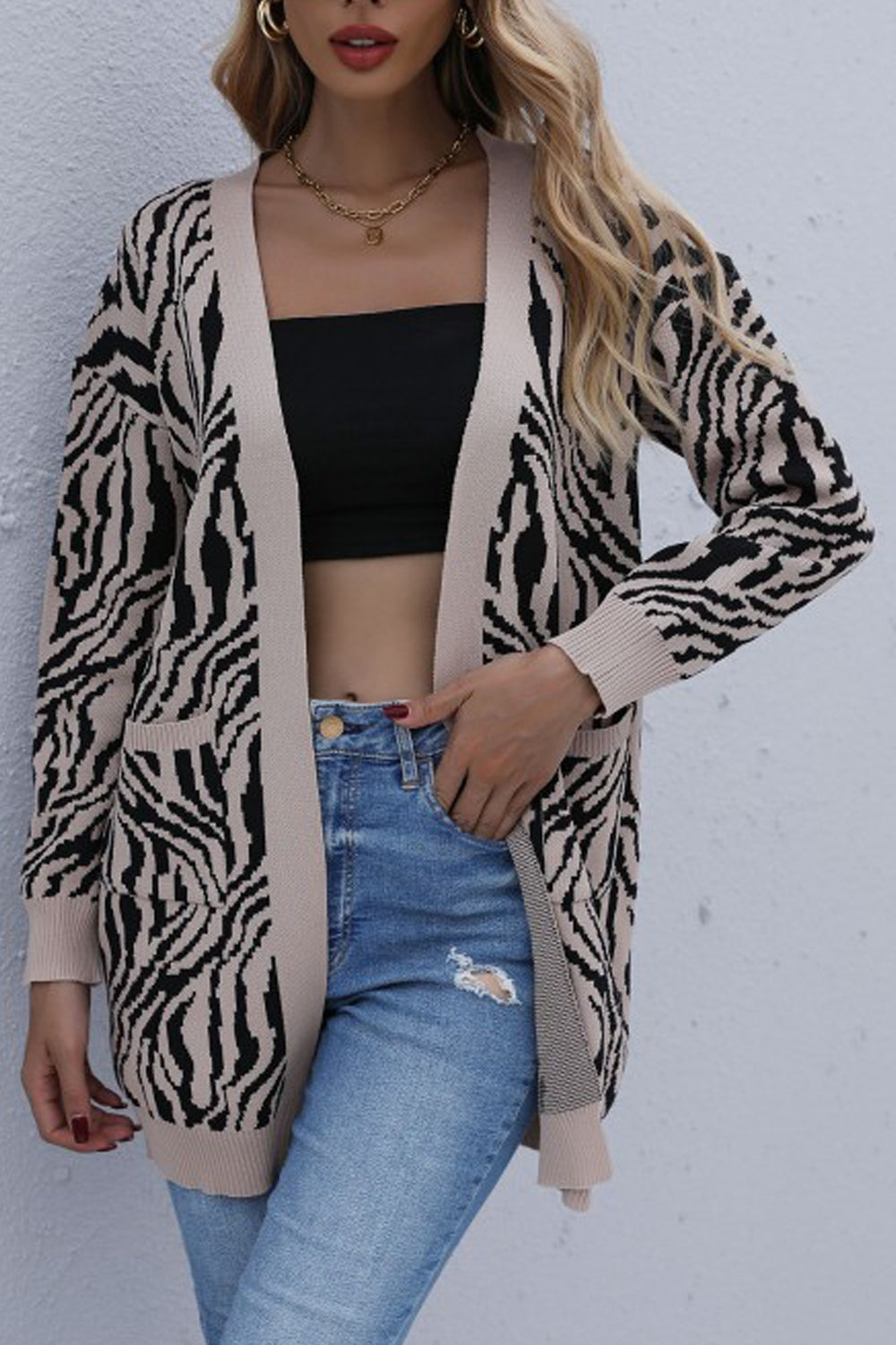 Women Elegant Zebra Print Front Open Flap Pockets Ribbed Cuff Fabulous Warm Winter Cardigan