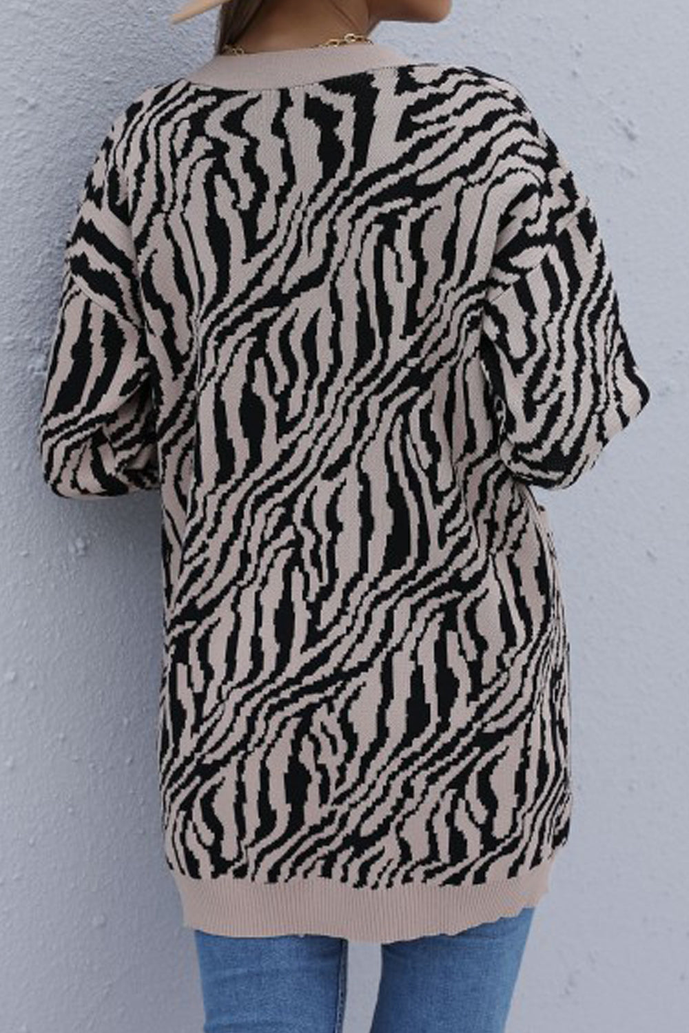 Women Elegant Zebra Print Front Open Flap Pockets Ribbed Cuff Fabulous Warm Winter Cardigan