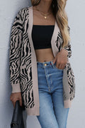Women Elegant Zebra Print Front Open Flap Pockets Ribbed Cuff Fabulous Warm Winter Cardigan