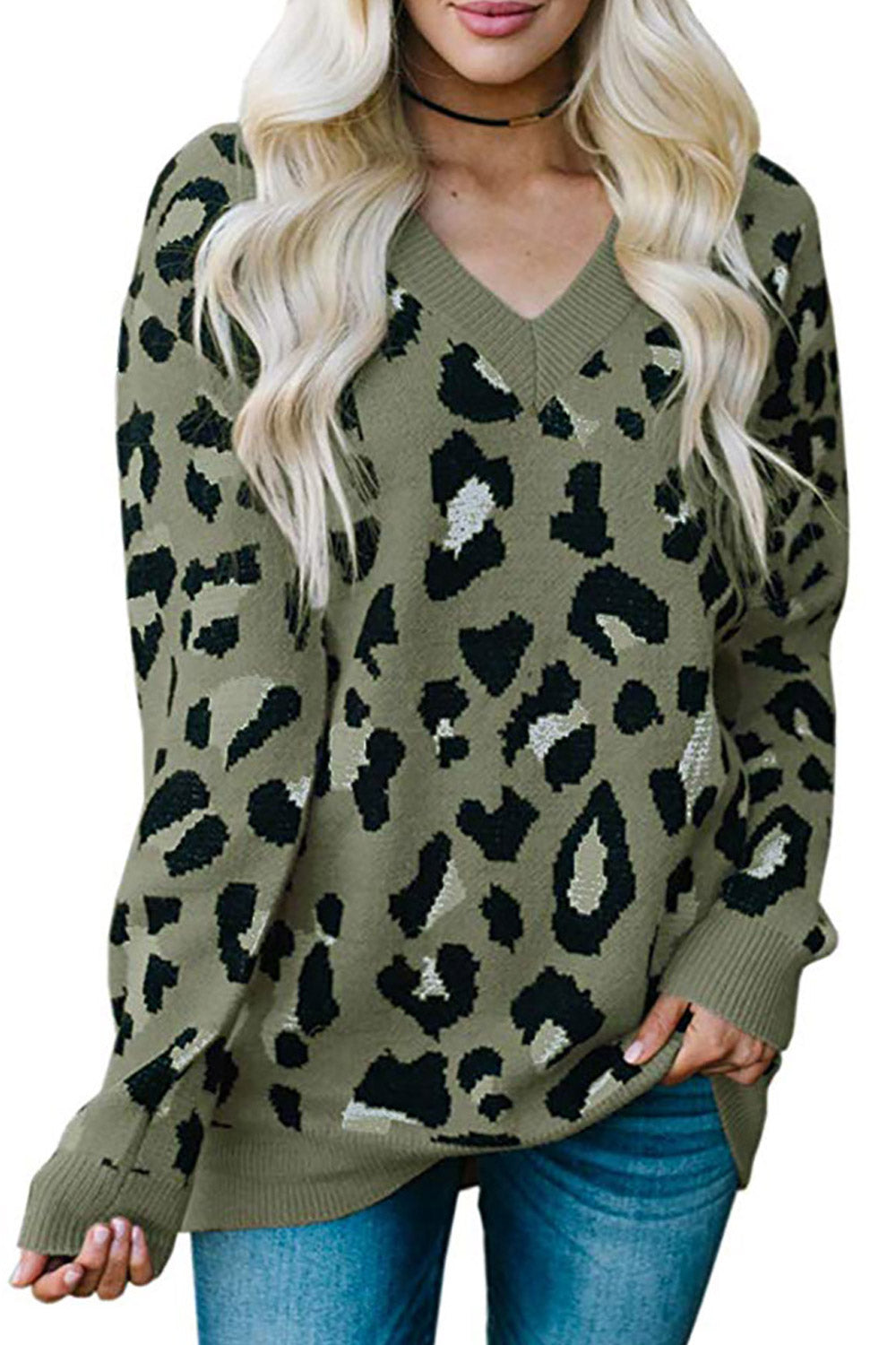 Women Lovely V Neck Leopard Pattern Sweater