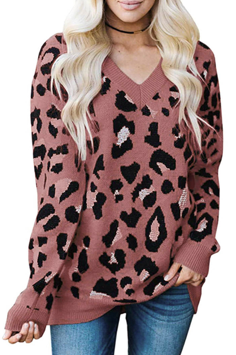 Women Lovely V Neck Leopard Pattern Sweater