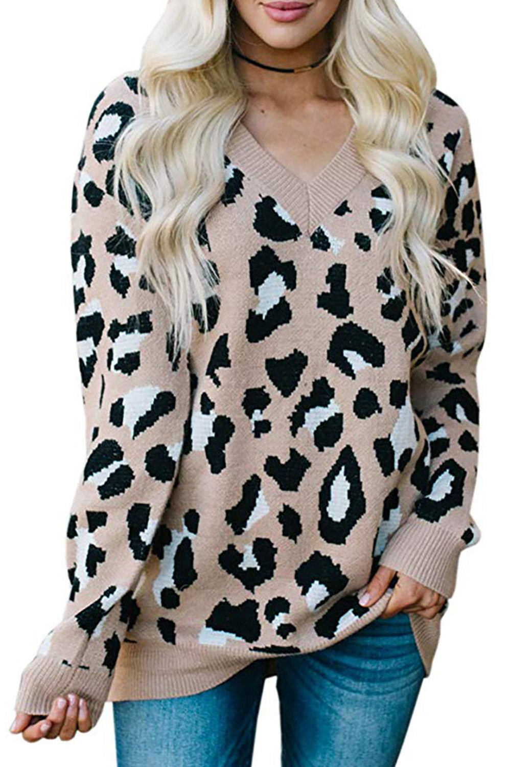 Women Lovely V Neck Leopard Pattern Sweater