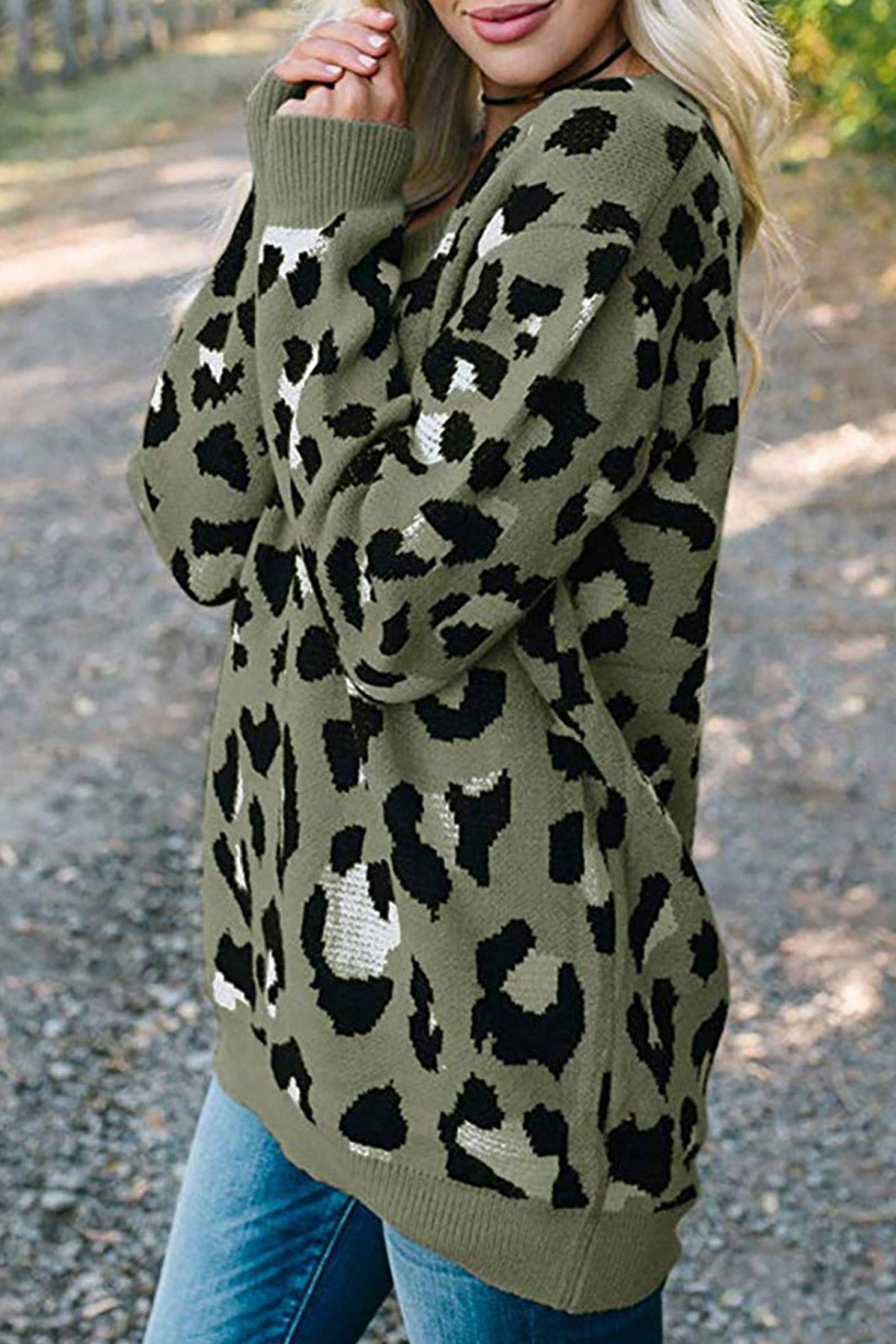 Women Lovely V Neck Leopard Pattern Sweater