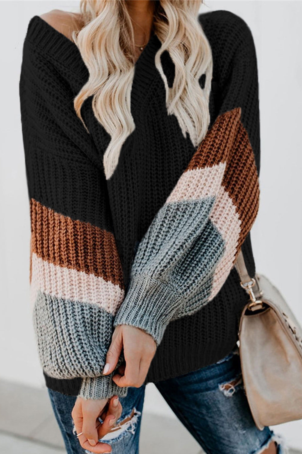 Women Stripe Color V Neck Warm Sweater