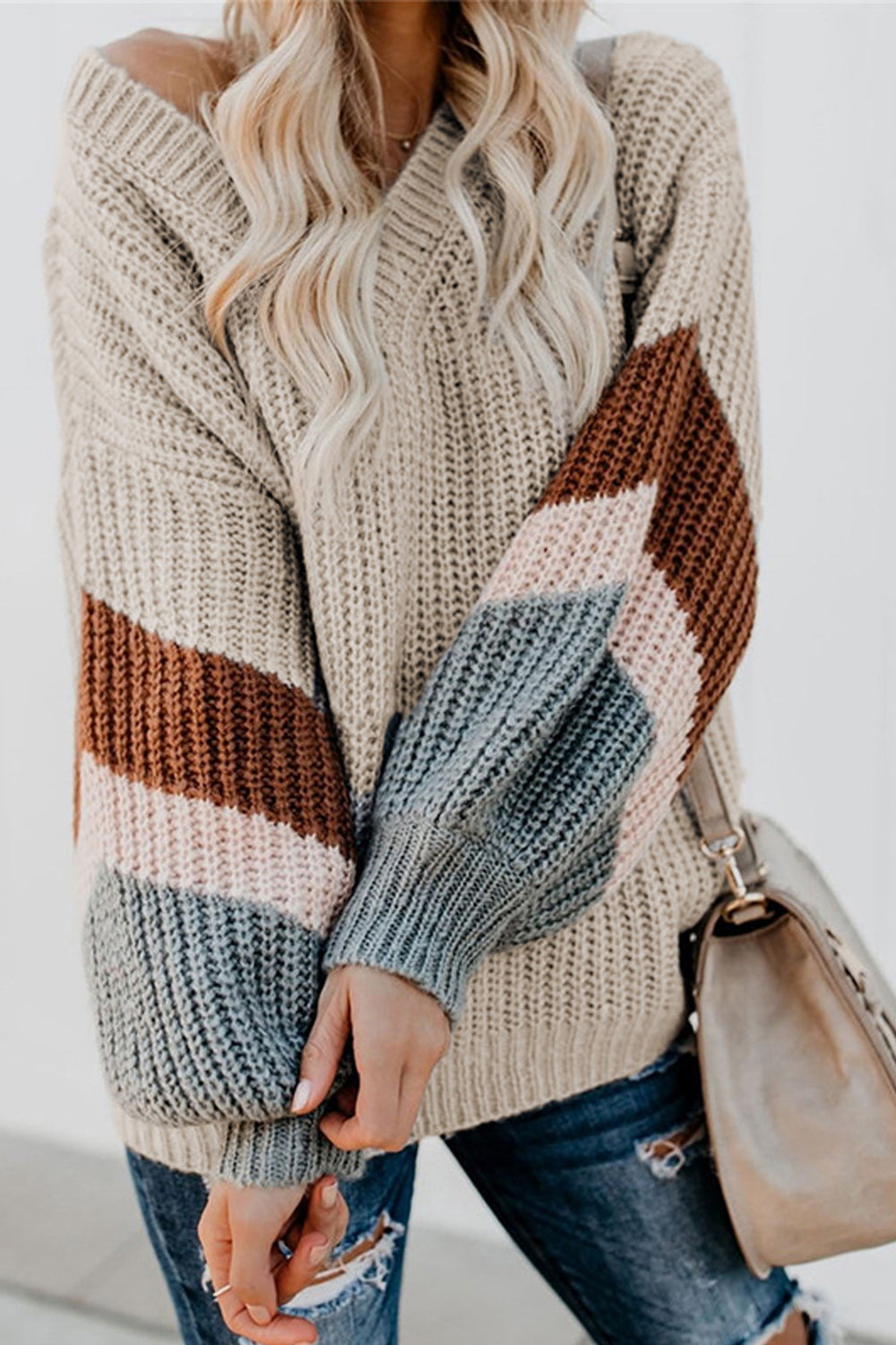 Women Stripe Color V Neck Warm Sweater