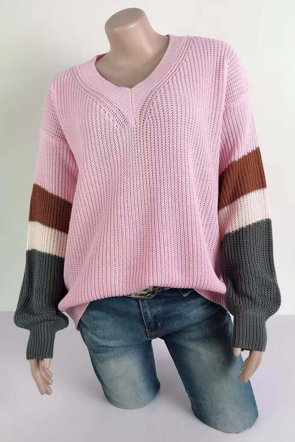 Women Stripe Color V Neck Warm Sweater