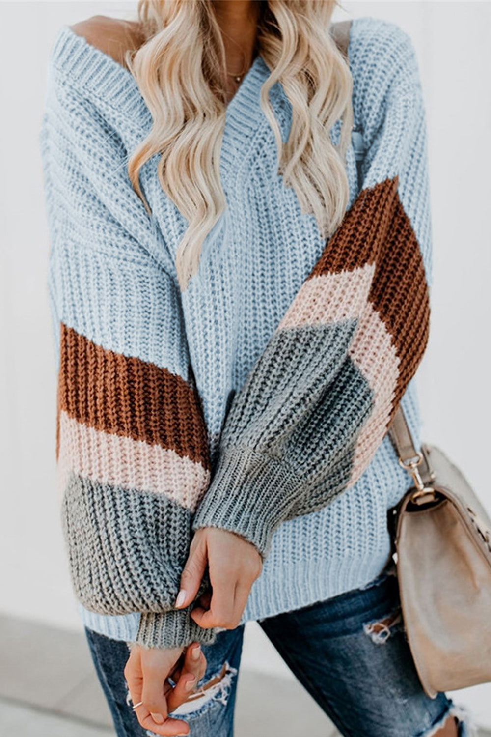 Women Stripe Color V Neck Warm Sweater