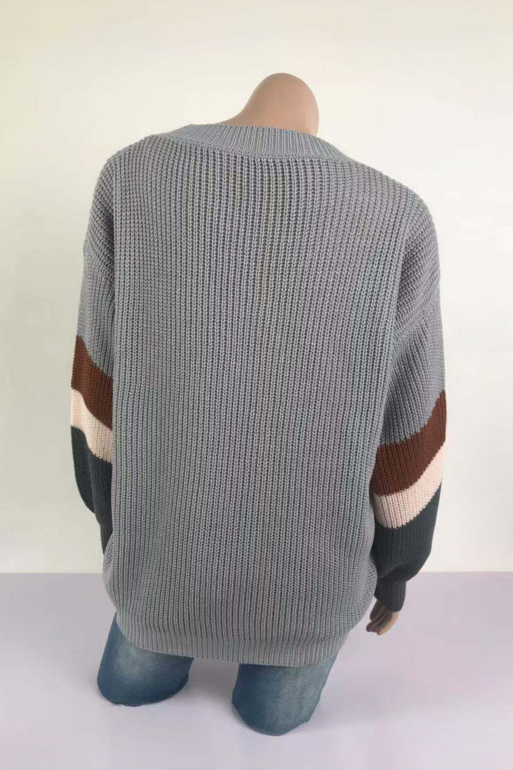 Women Stripe Color V Neck Warm Sweater