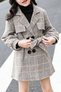 Kids Baby Girls Plaid Pattern Tie Coat