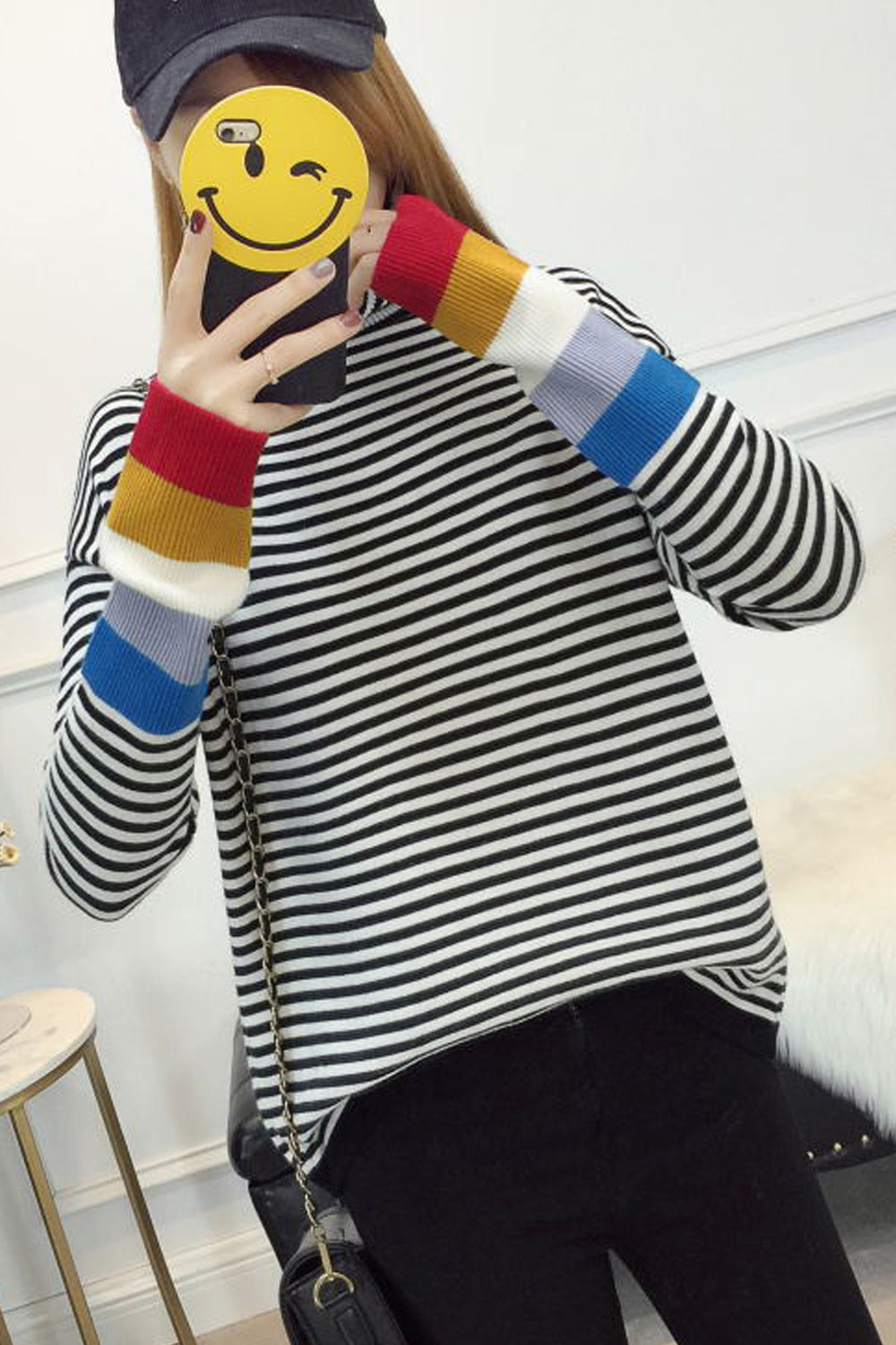 Women Lovely Rainbow Stripe Long Sleeve Sweater
