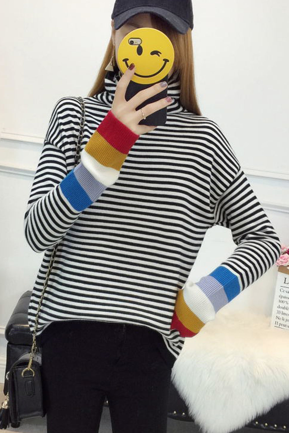 Women Lovely Rainbow Stripe Long Sleeve Sweater