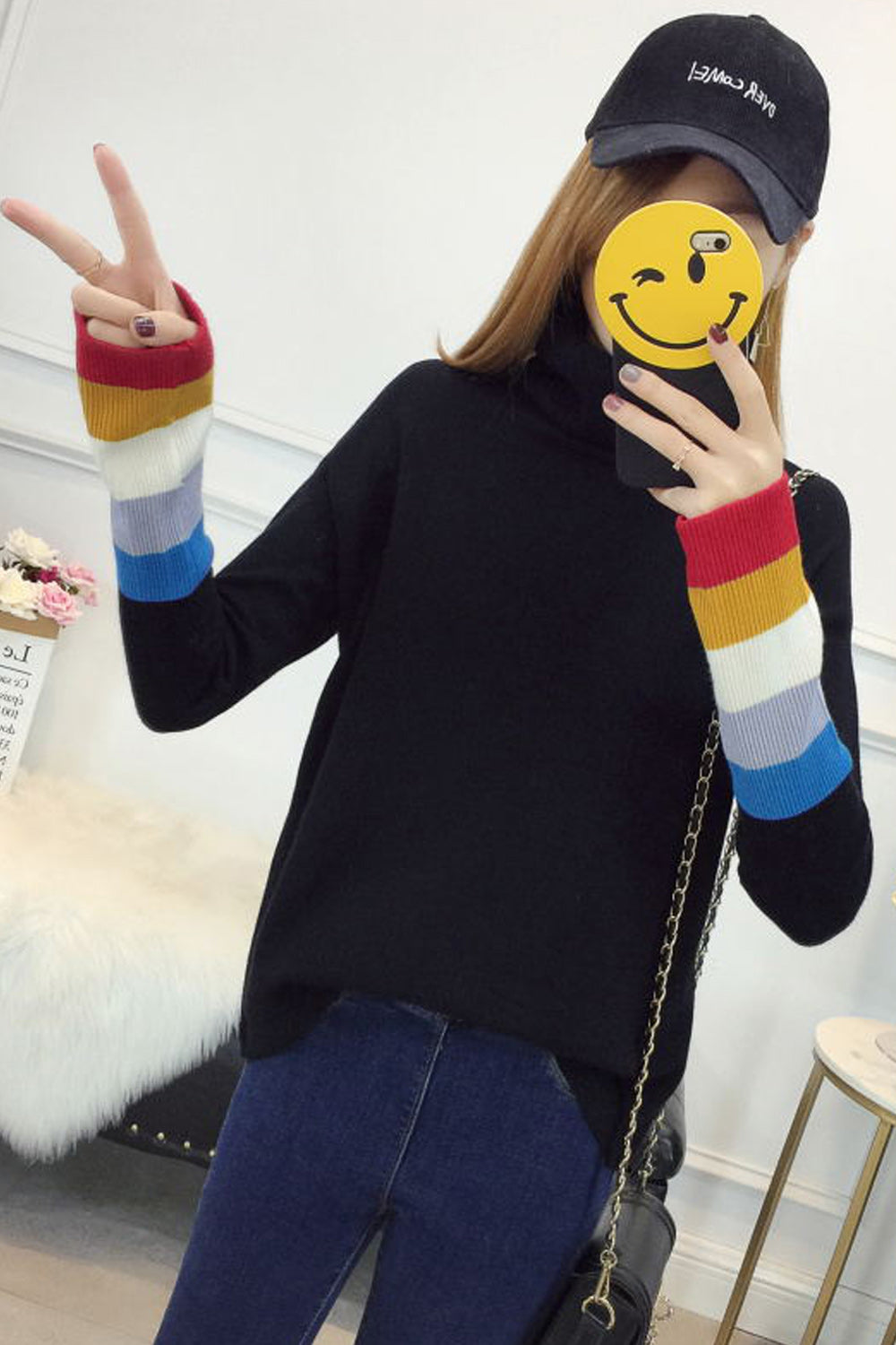 Women Lovely Rainbow Stripe Long Sleeve Sweater