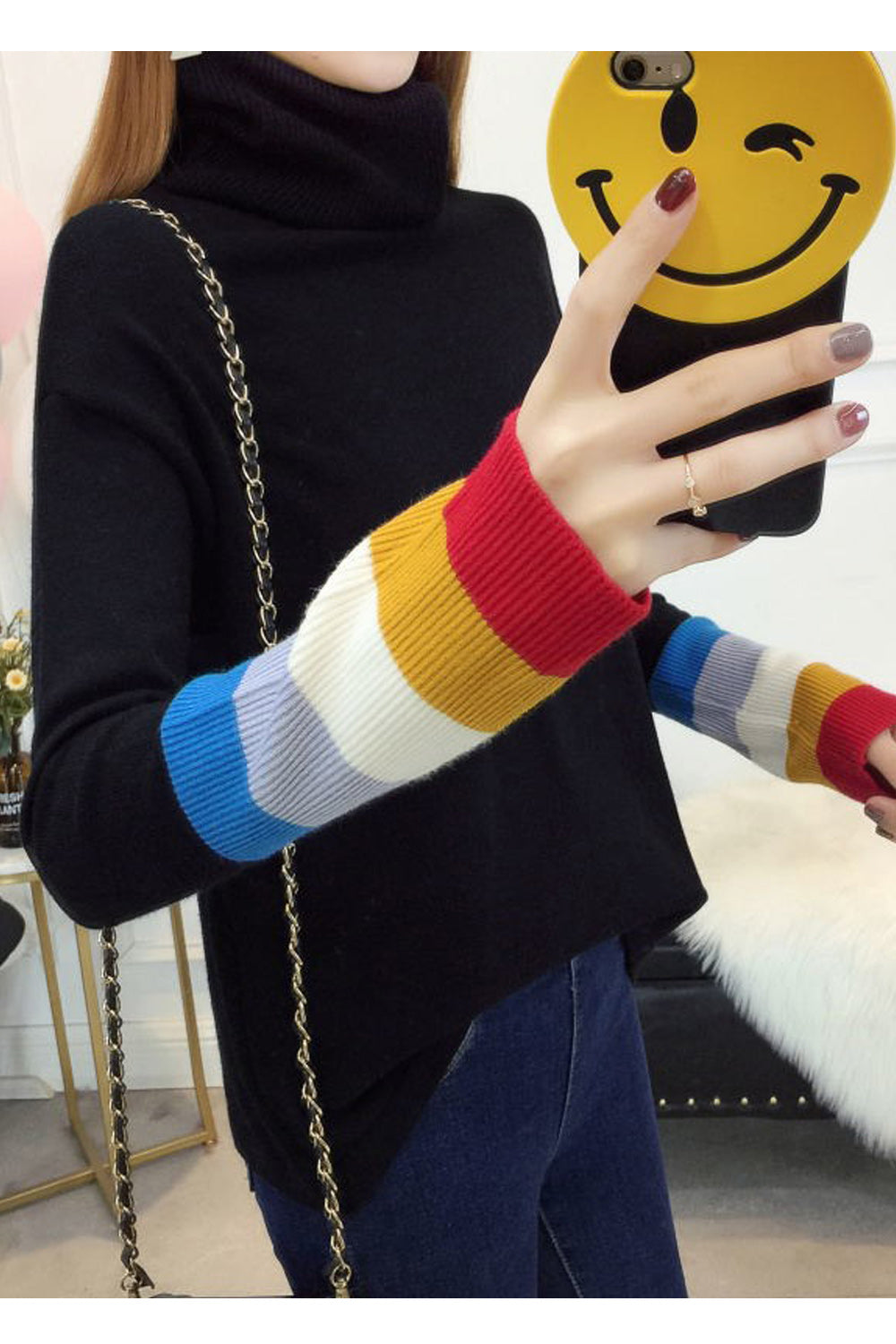 Women Lovely Rainbow Stripe Long Sleeve Sweater