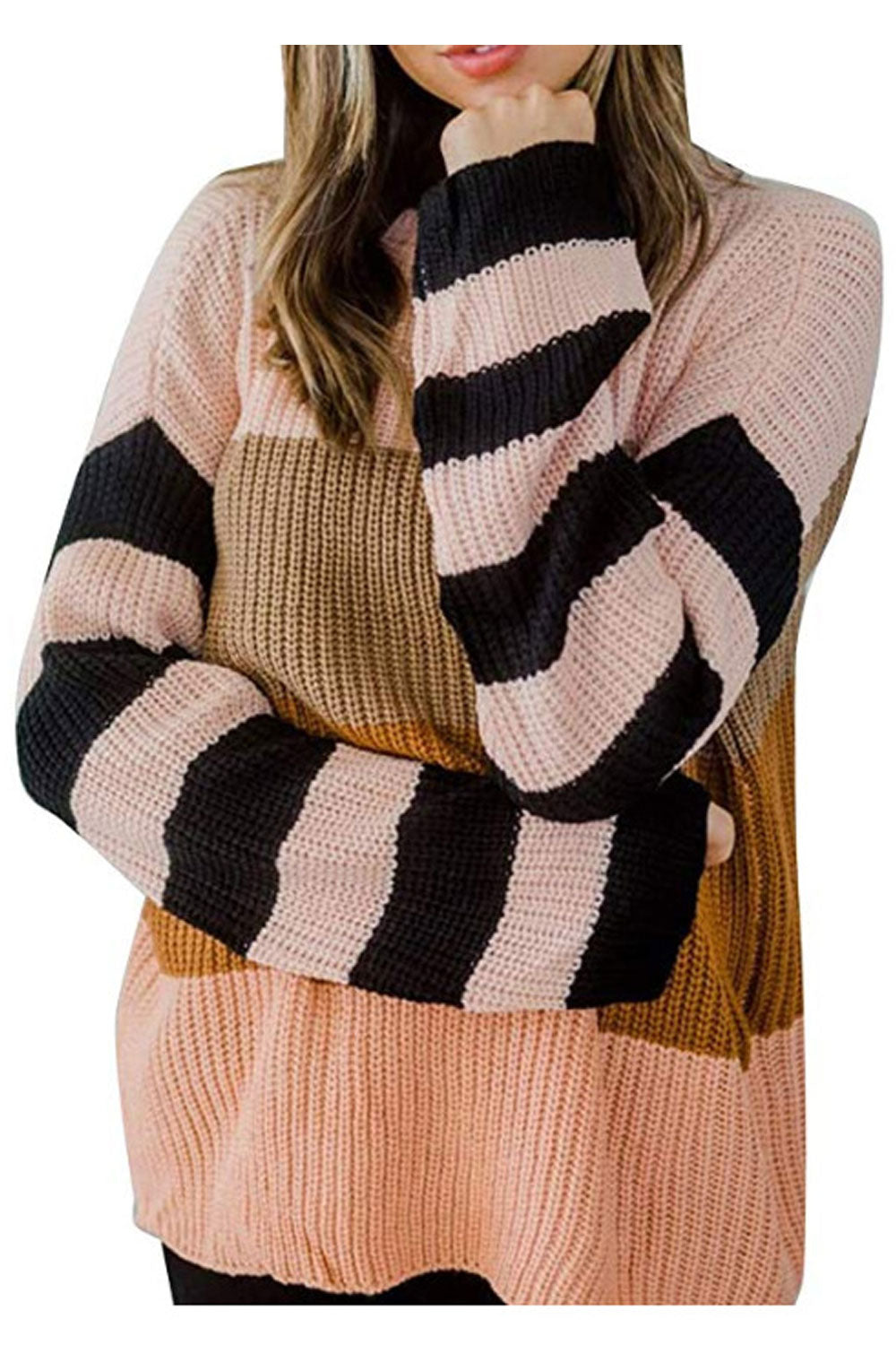 Women Pretty Stripe Pattern Loose Fit Easy To Wear Knitted Winter Sweater