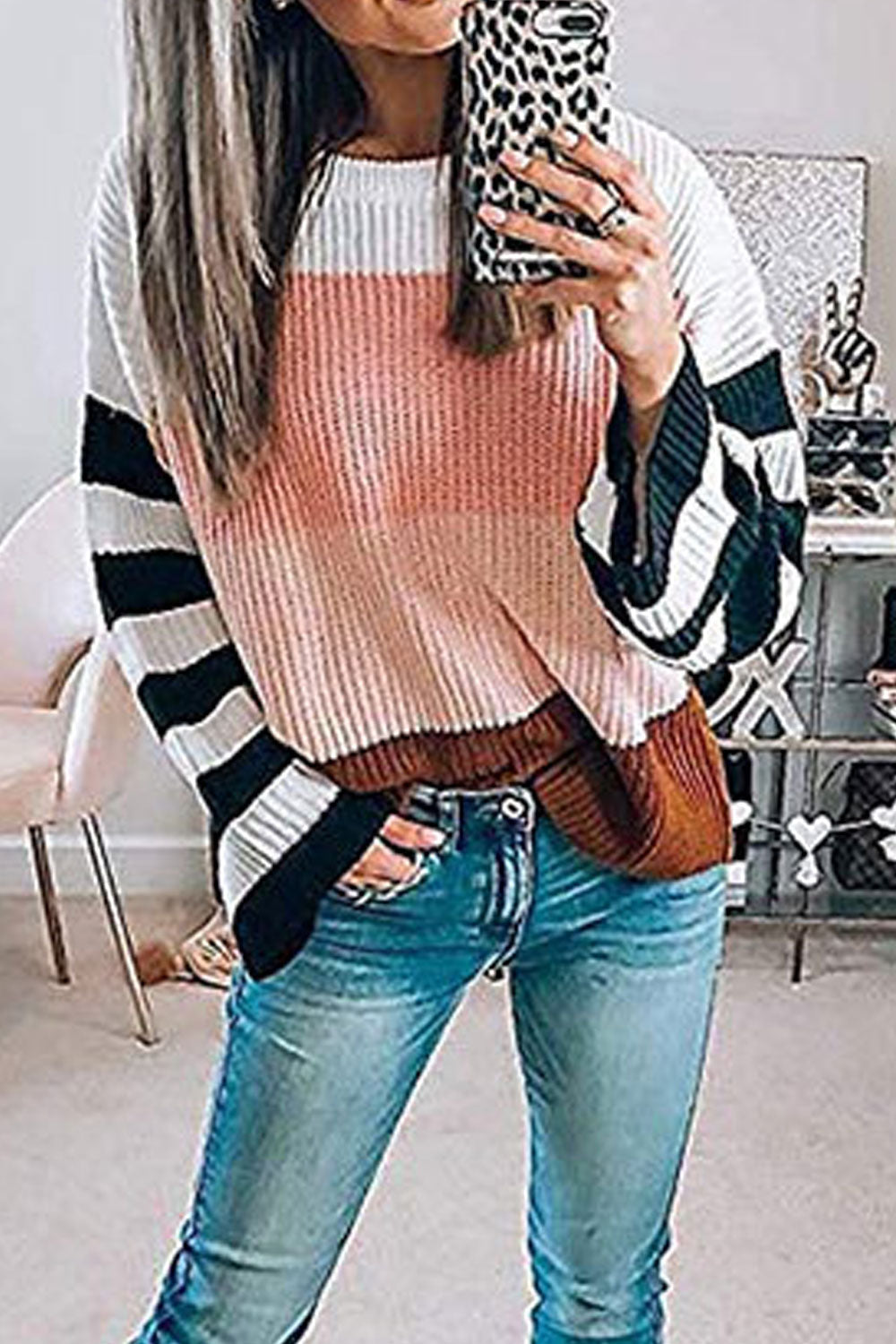 Women Pretty Stripe Pattern Loose Fit Easy To Wear Knitted Winter Sweater